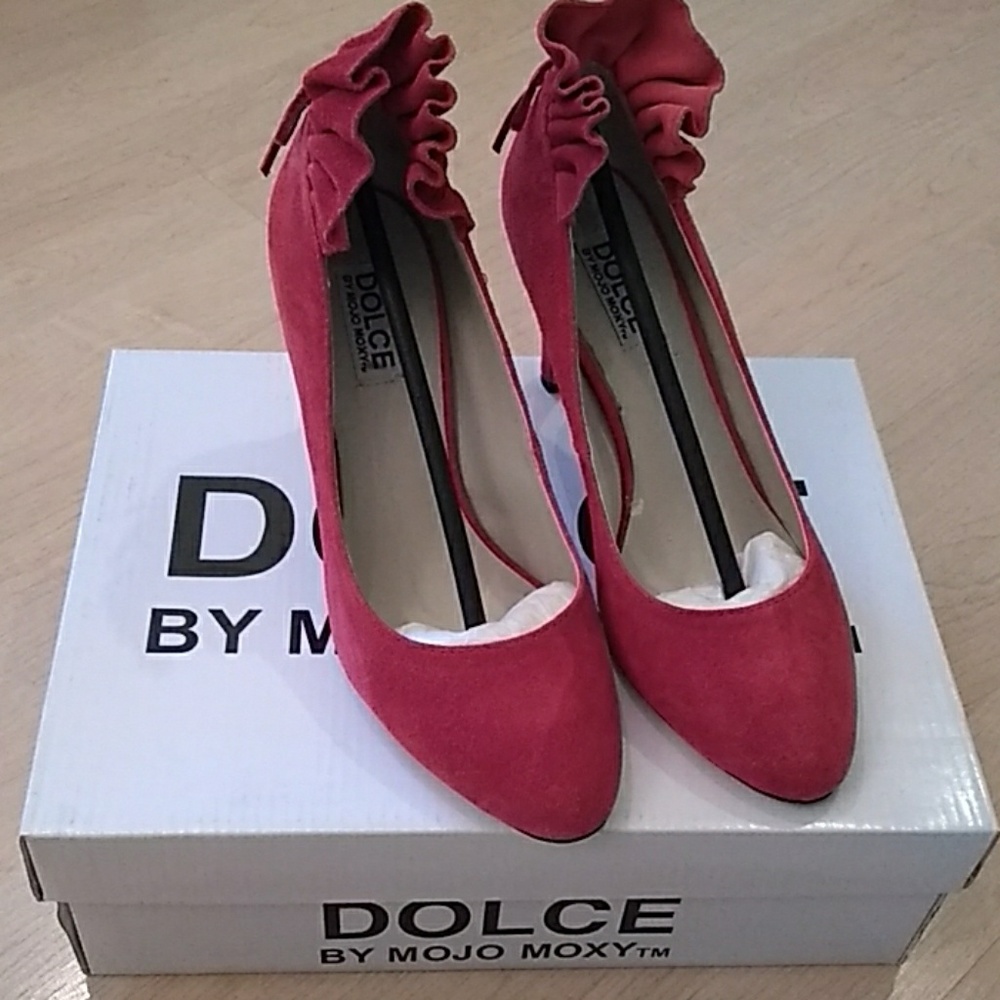 Dolce Red suede ruffle ankle heels